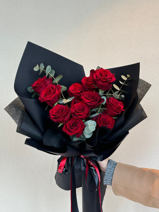 Pure Love - Red Roses with Eucalyptus Leaves  (Different Sizes Available)