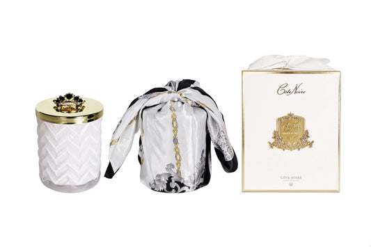 Herringbone Candle With Scarf Prosecco - White & Gold - Crown Lid