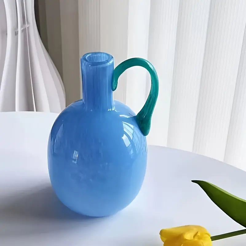 Chic French-Inspired Blue Glass Vase with Handle (Light Blue)