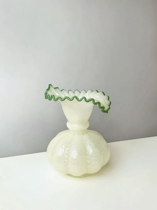 Vintage Ruffled Green Edged Jade Glass Vase